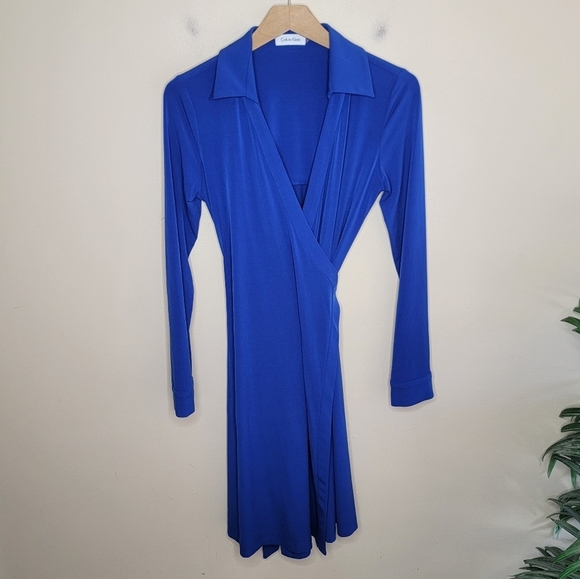 Calvin Klein | Blue Long Sleeve Collared Wrap Dress - Picture 1 of 5